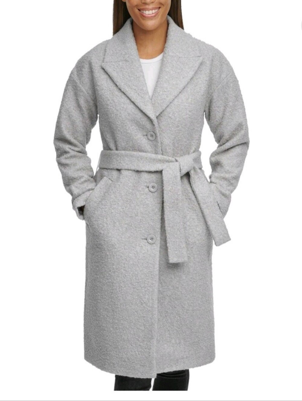 Kenneth Cole New York Light Gray Bouclé Trench Coat